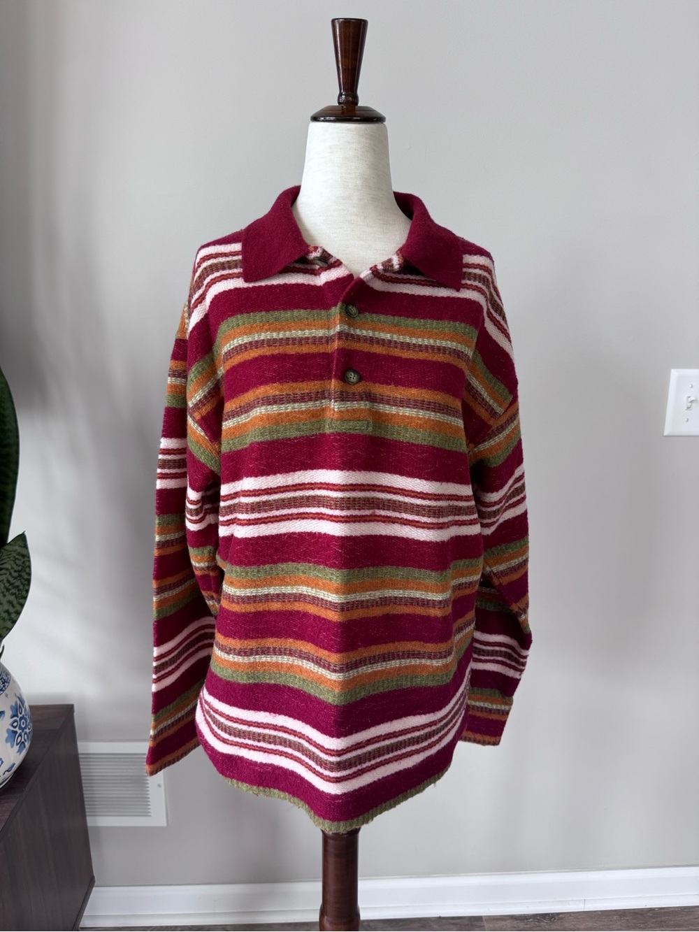 Vintage! United Colors of Benetton Wool Striped Polo Sweater - Burgundy Colorful